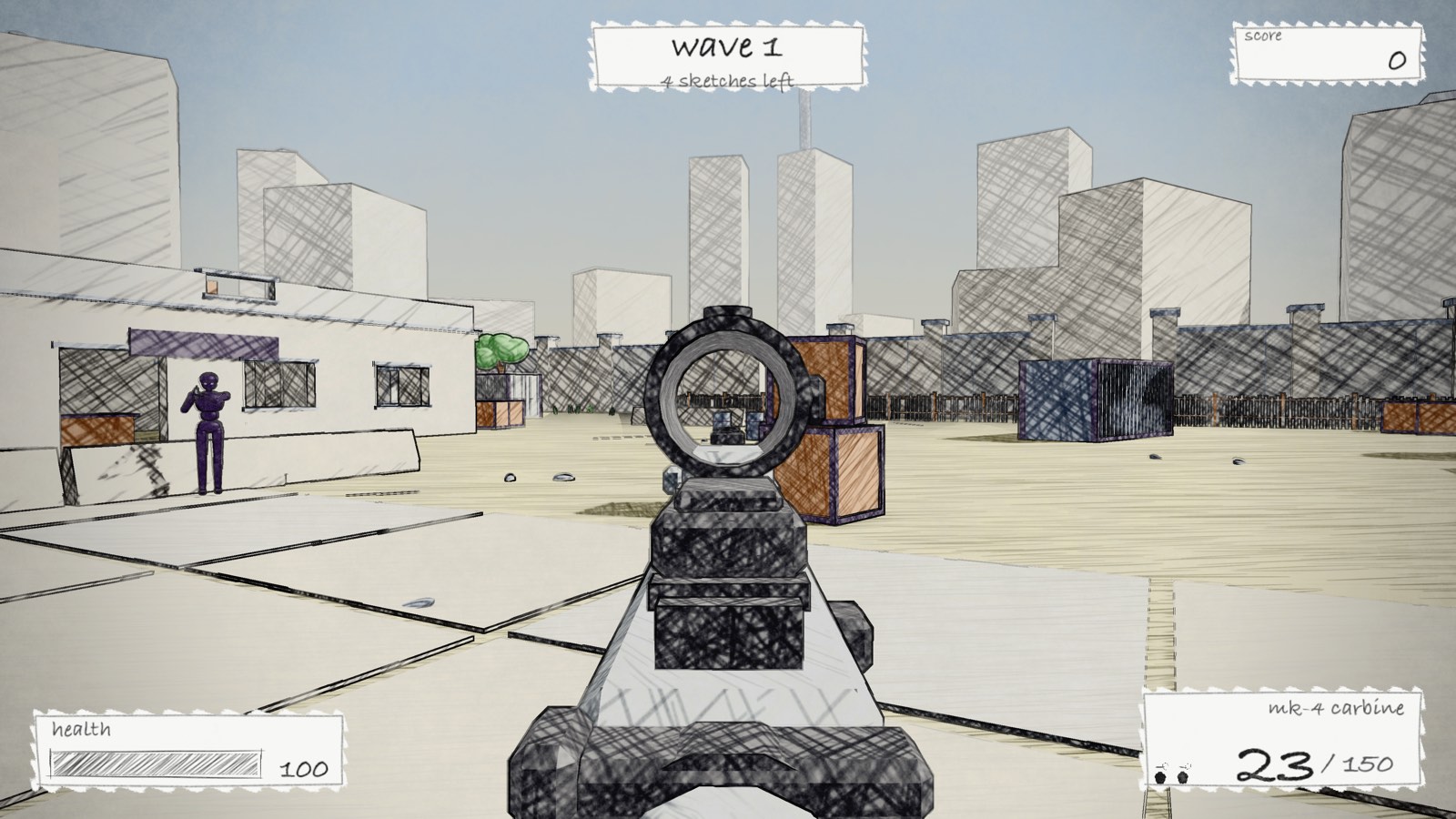 Aiming down a holographic sight at a grunt across the Yard