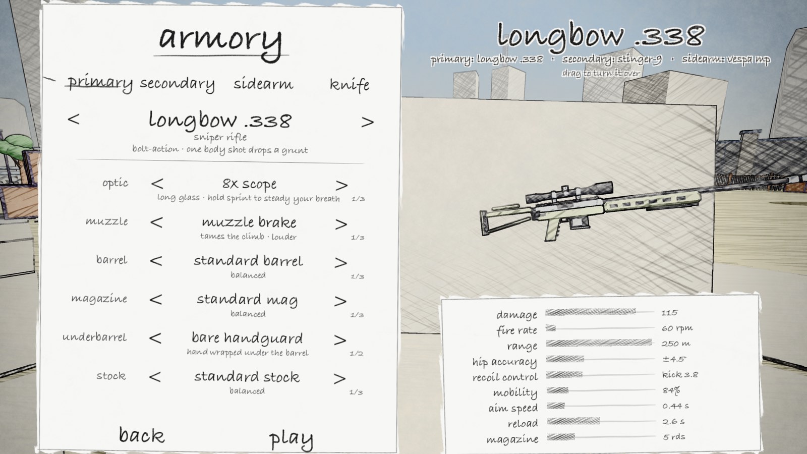 The armory page: the Longbow .338 with its attachment slots and live stats