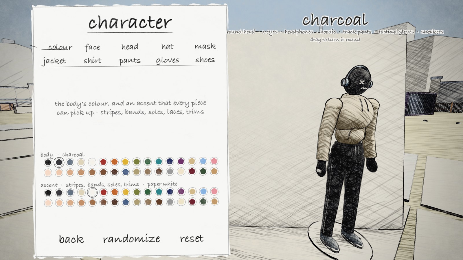 The character page: colour swatches on the left, a mannequin in a hoodie and headphones on the right