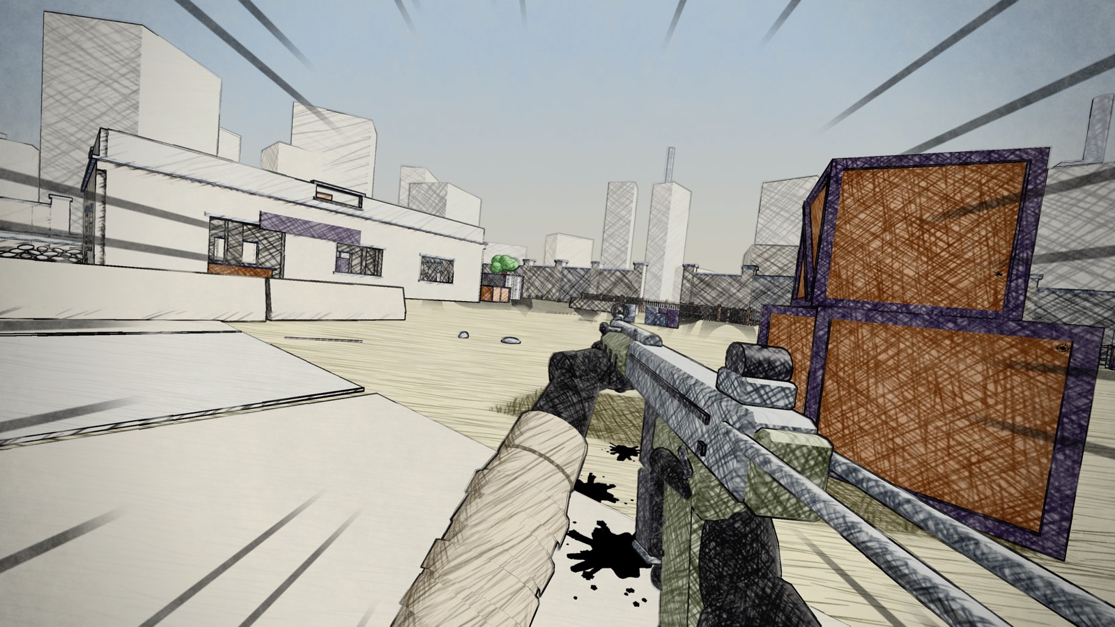 Mid-slide with speed lines rushing in from the edges of the screen